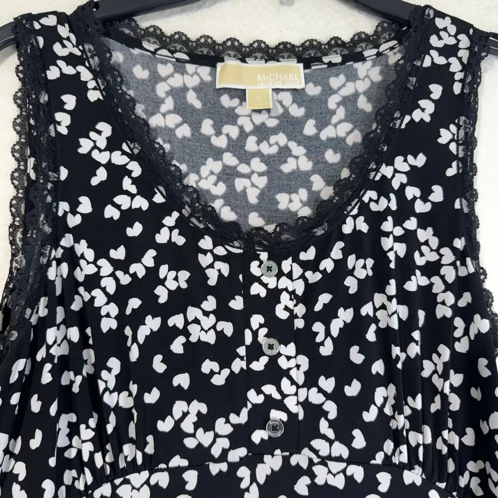 Michael Kors MK Black Lace Trim Sleeveless Dress White Heart Pattern Size Small